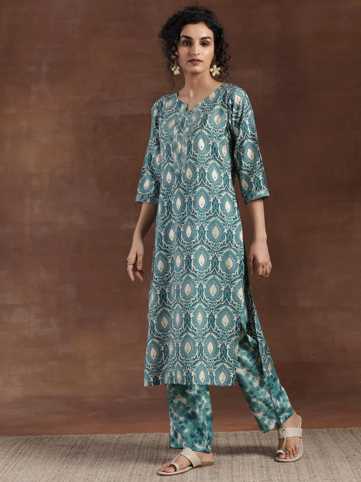 Blue Printed Silk Blend Straight Kurta Set - Libas