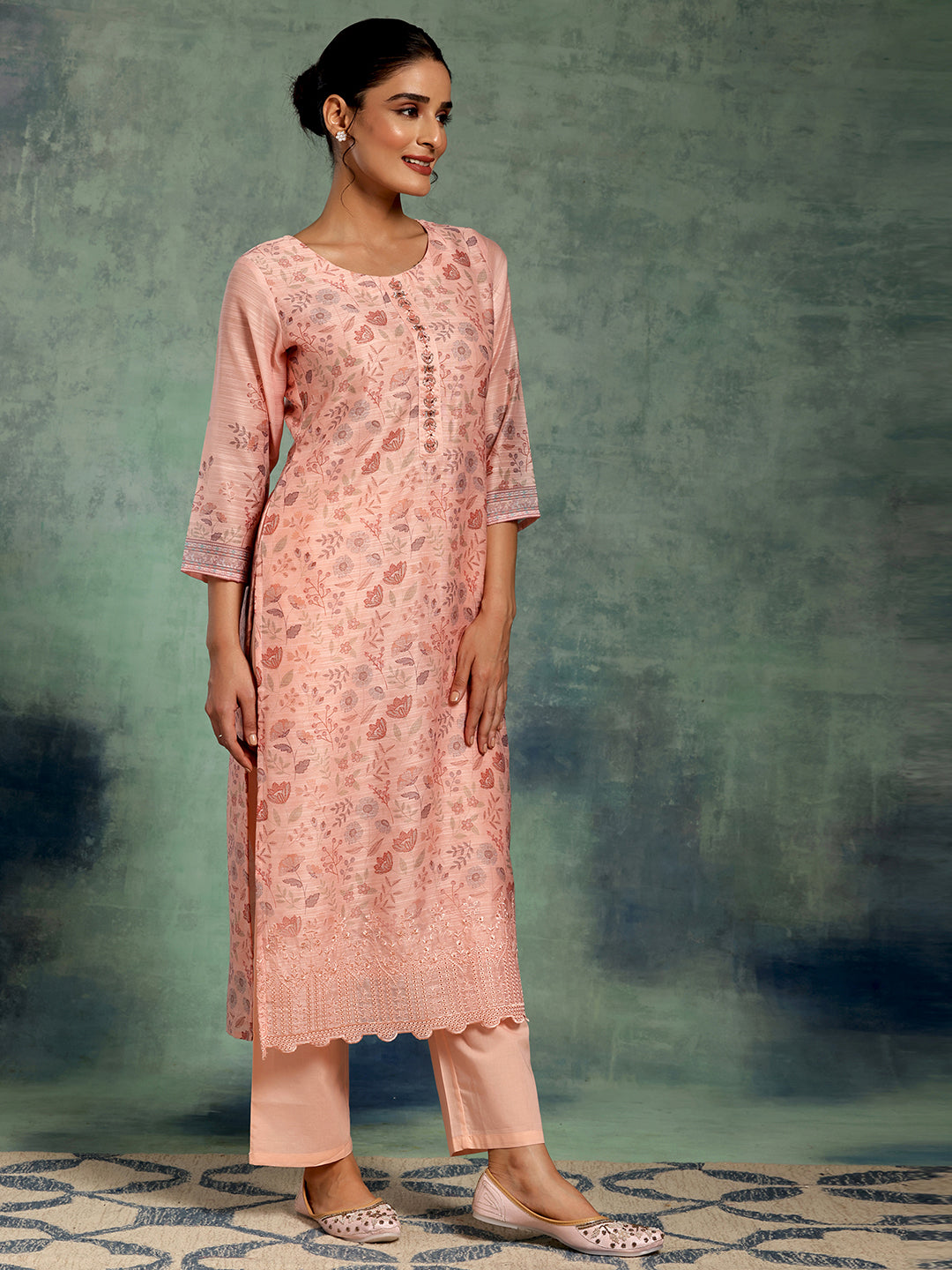  Peach Printed Chanderi Silk Straight Suit Set With Dupatta 