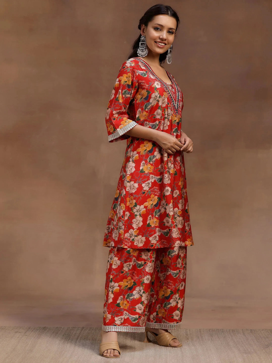  Red Printed Silk Blend Co-Ords 