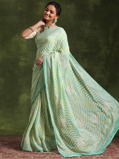 Green Printed Poly Georgette Saree With Unstitched Blouse Piece - Libas