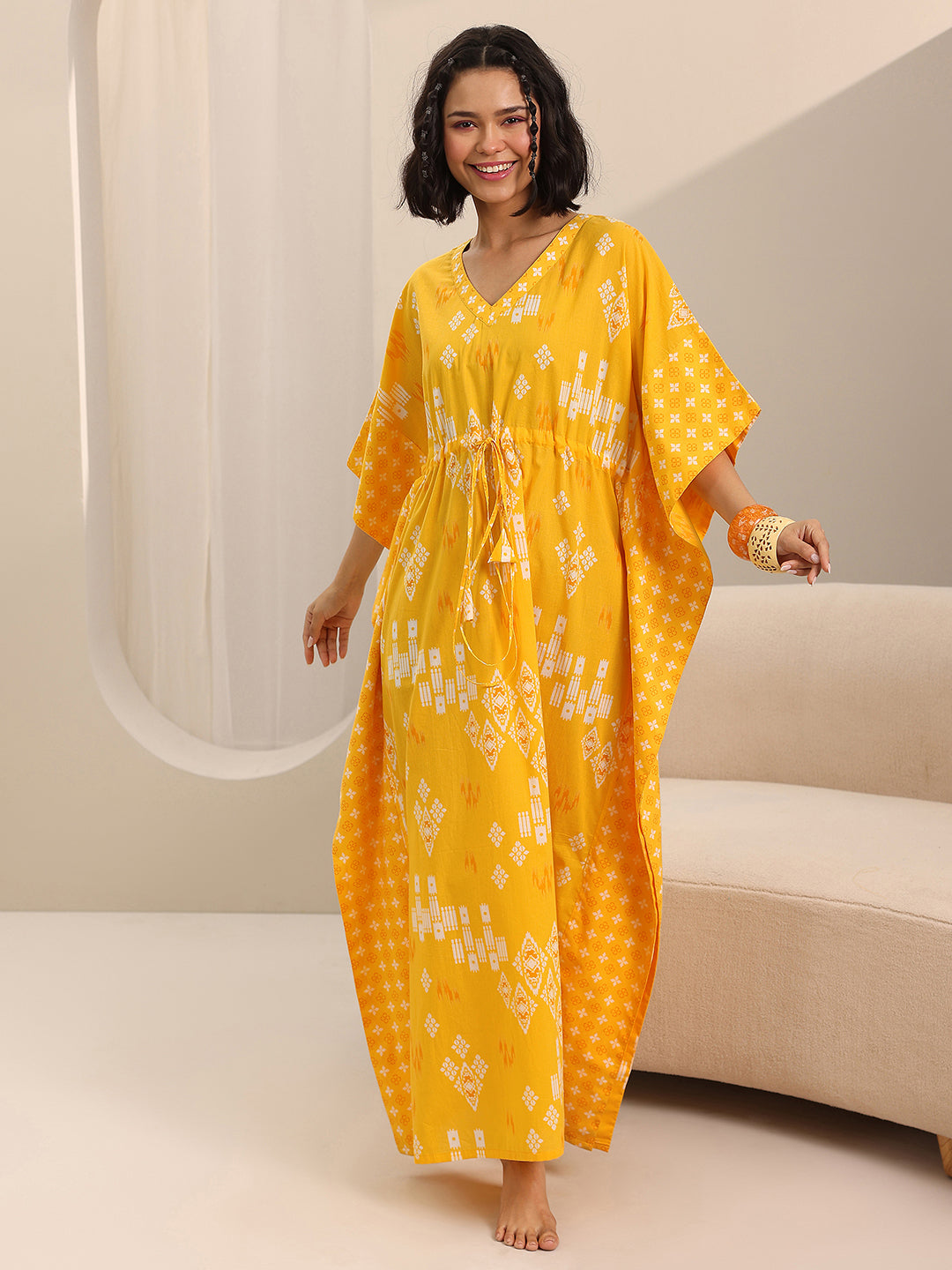  Yellow Printed Cotton Kaftan Night Dress 