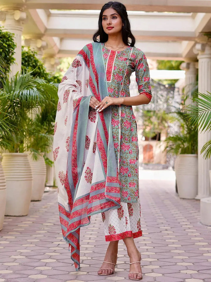 Grey Printed Cotton Straight Kurta With Palazzos & Dupatta - Libas