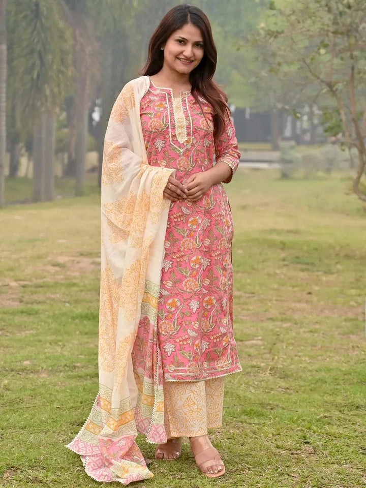 Pink Printed Cotton Straight Kurta With Palazzos & Dupatta - Libas