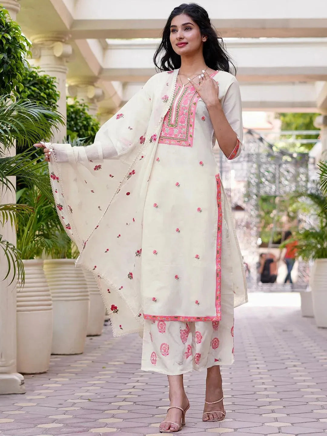 Off-White Yoke Design Cotton Straight Kurta With Palazzos & Dupatta