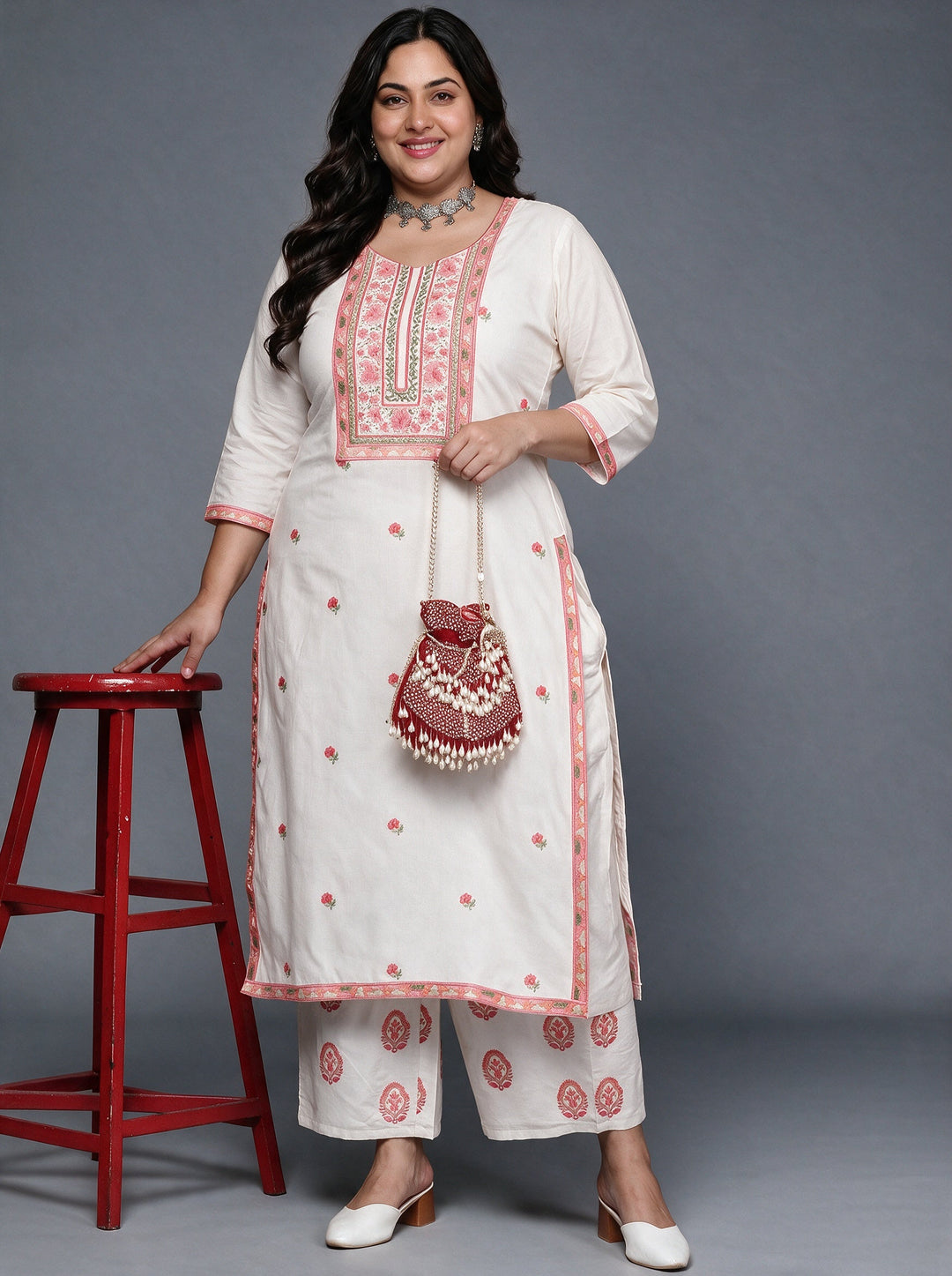  Plus Size Off White Floral Embroidered Cotton Palazzo Suit Set 