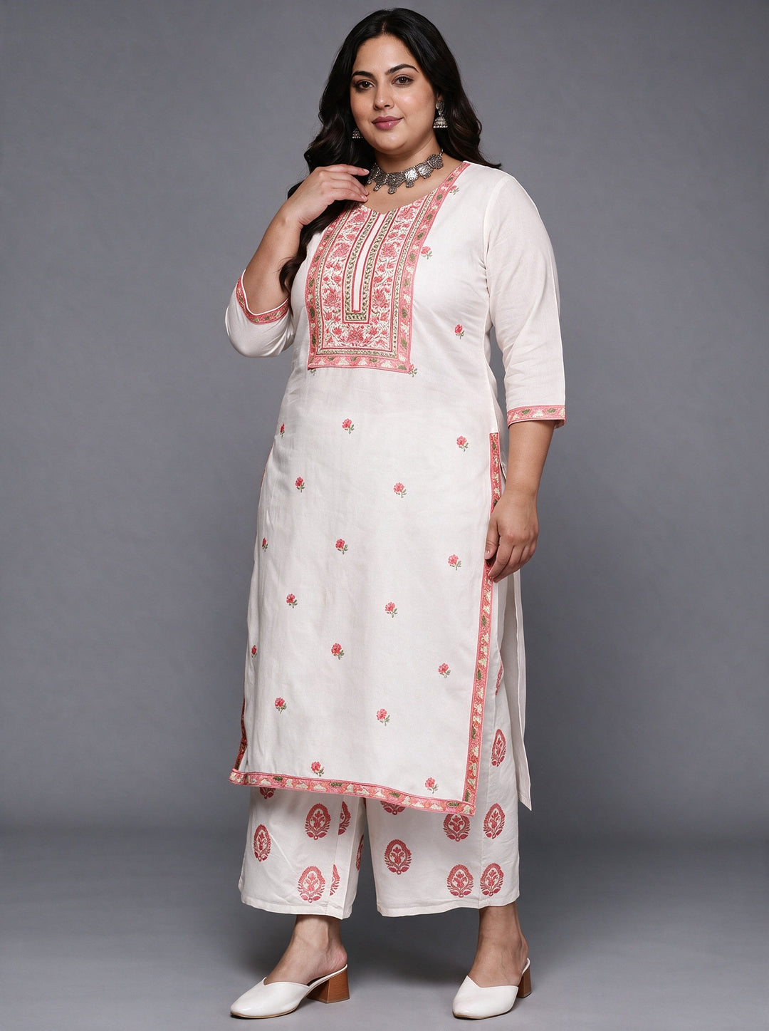  Plus Size Off White Floral Embroidered Cotton Palazzo Suit Set 