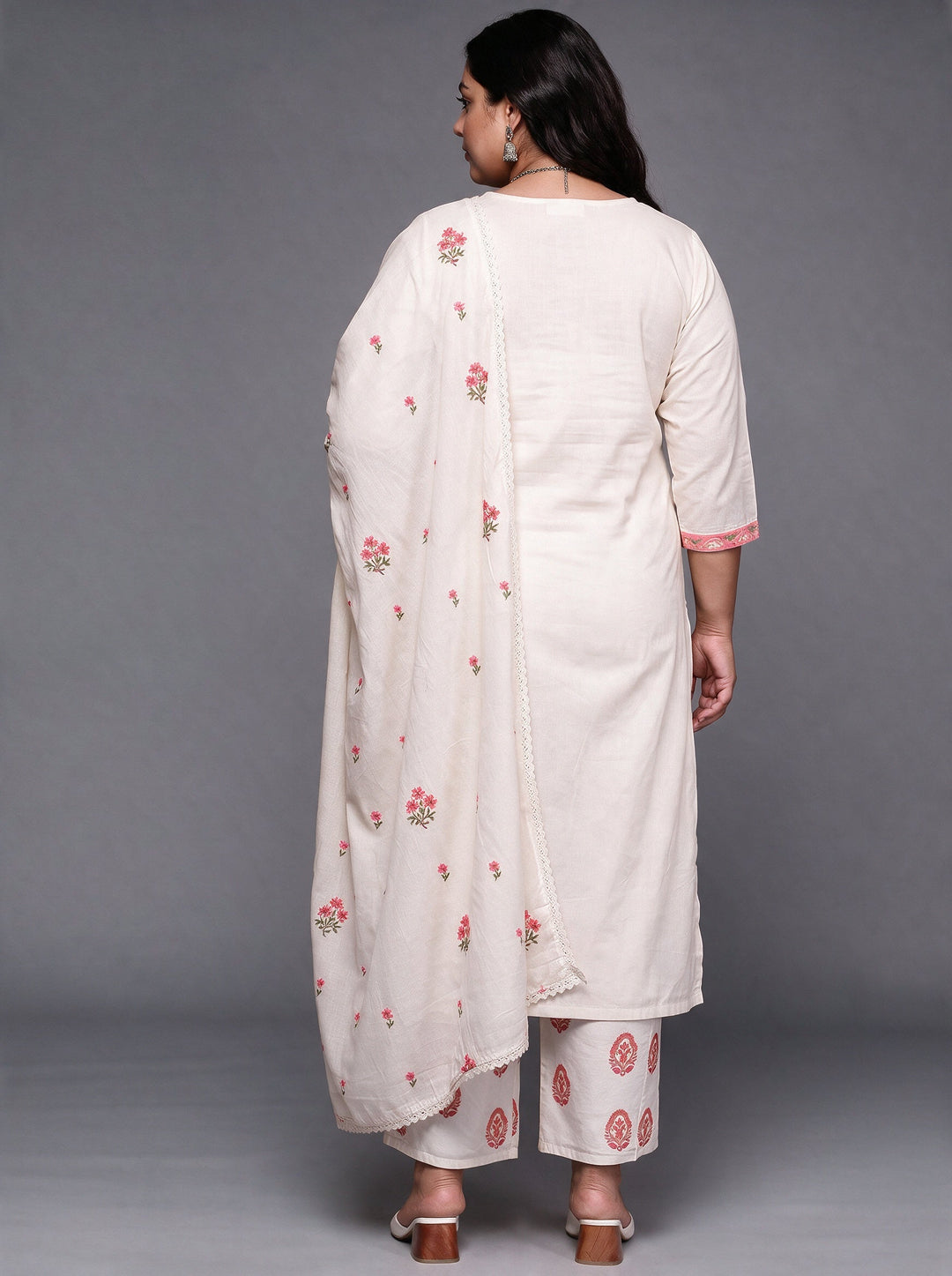  Plus Size Off White Floral Embroidered Cotton Palazzo Suit Set 