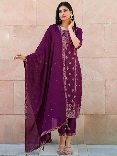 Purple Self Design Silk Straight Kurta With Dupatta