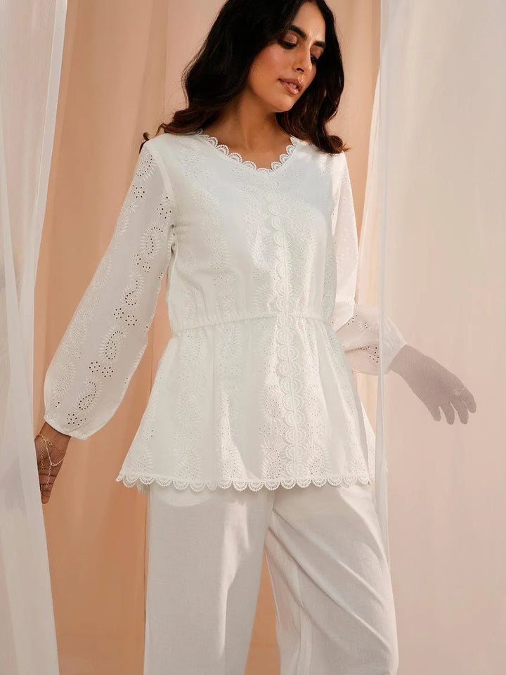 White Cotton A-Line Kurti - Libas