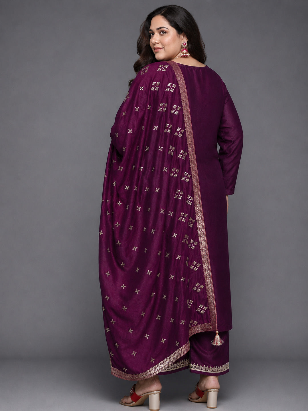  Plus Size Purple Embroidered Silk Blend Pakistani Suit 