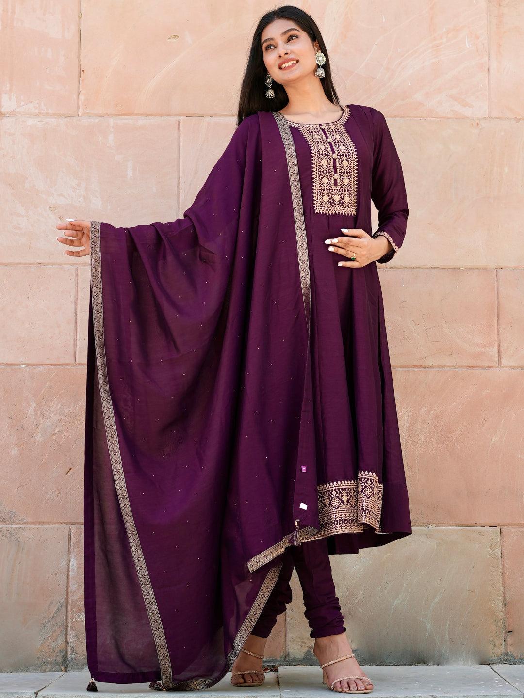Purple Yoke Design Silk Blend Anarkali Suit With Dupatta - Libas
