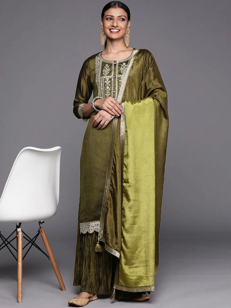 Gerua Olive Yoke Design Silk Blend Straight Sharara Suit Set With Dupatta