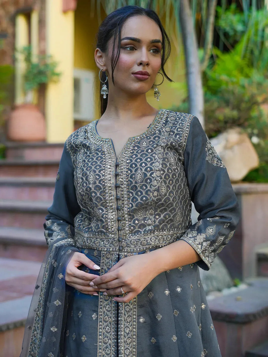 

Libas Art Grey Embroidered Silk Anarkali Suit Set