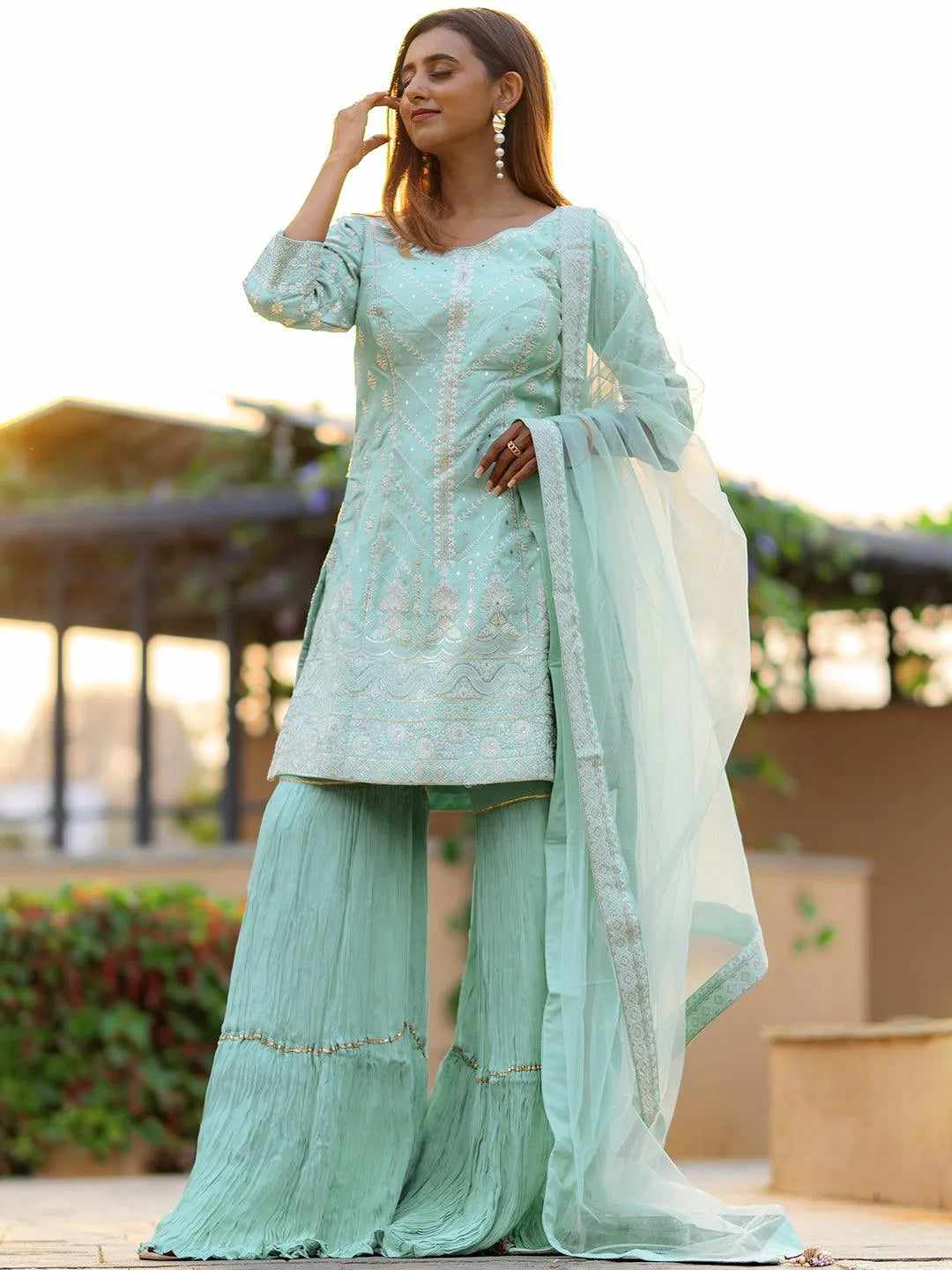 

Libas Art Sea Green Embroidered Silk Straight Suit Set