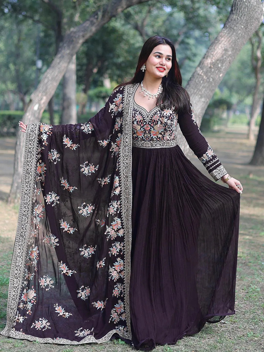 

Libas Art Purple Yoke Design Georgette A-Line Suit Set With Trousers