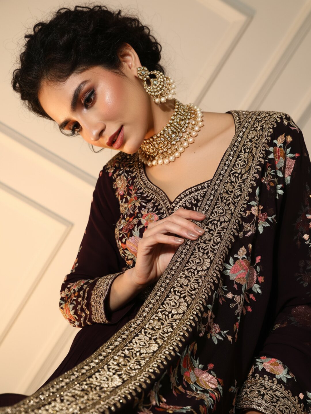  Libas Art Purple Yoke Design Georgette A-Line Suit Set With Trousers 