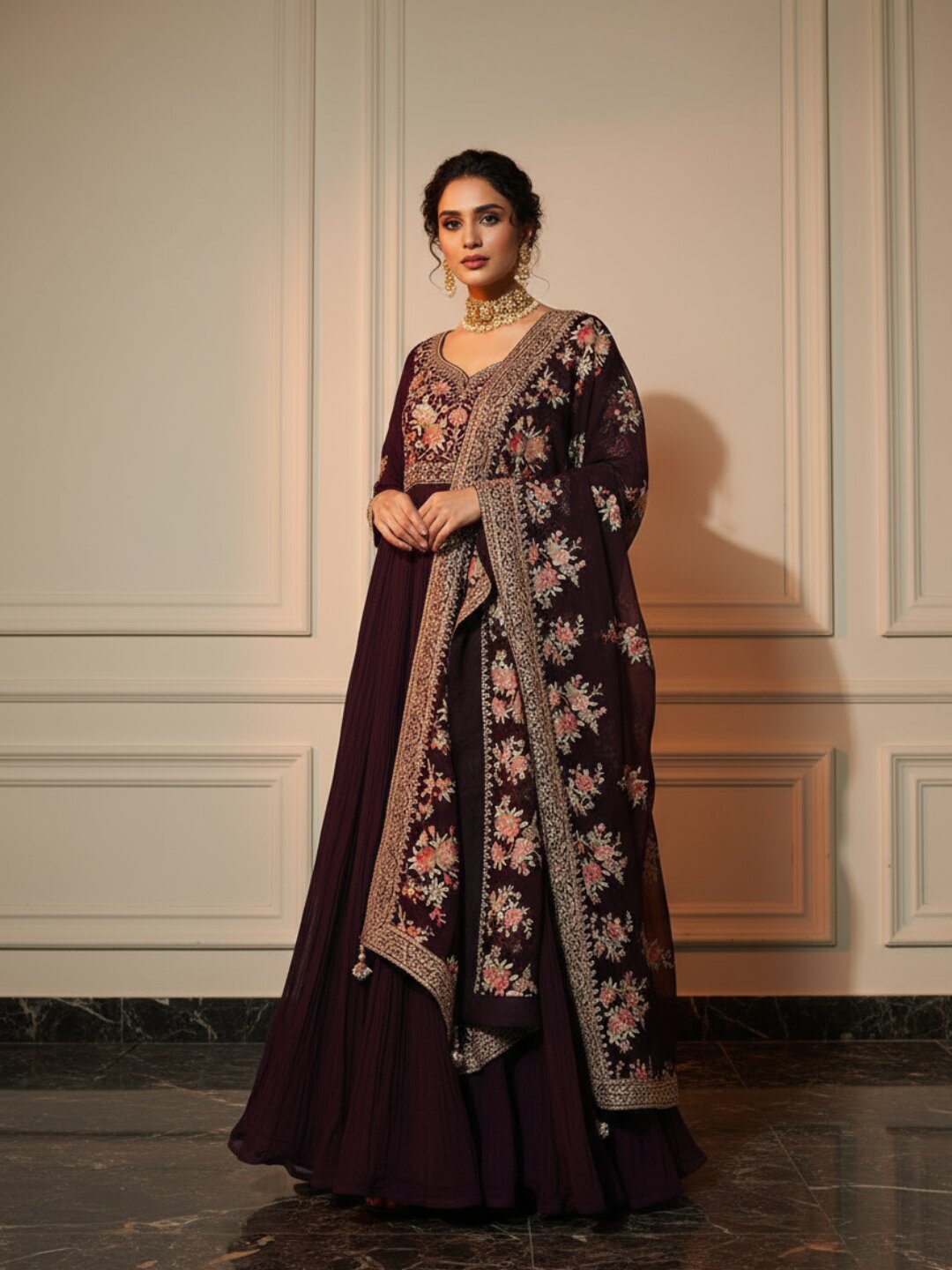  Libas Art Purple Yoke Design Georgette A-Line Suit Set With Trousers 
