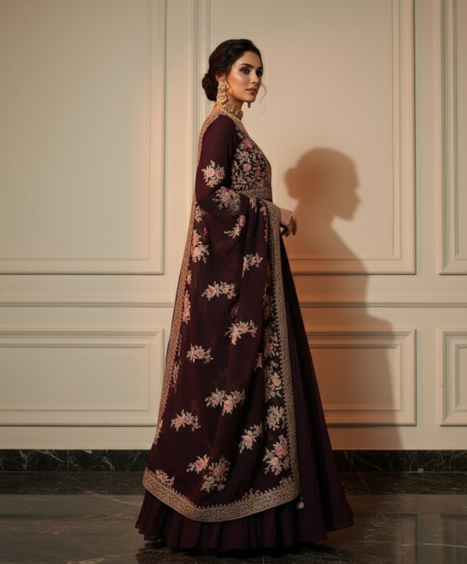  Libas Art Purple Yoke Design Georgette A-Line Suit Set With Trousers 