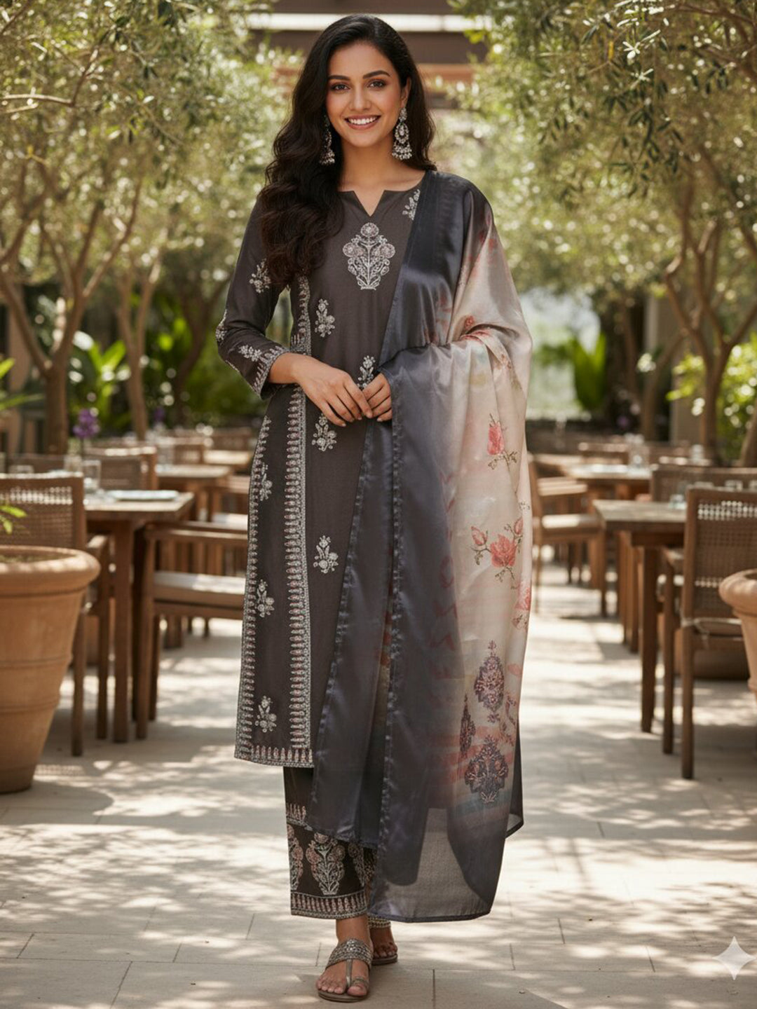 Charcoal Printed Silk Blend Straight Kurta With Dupatta