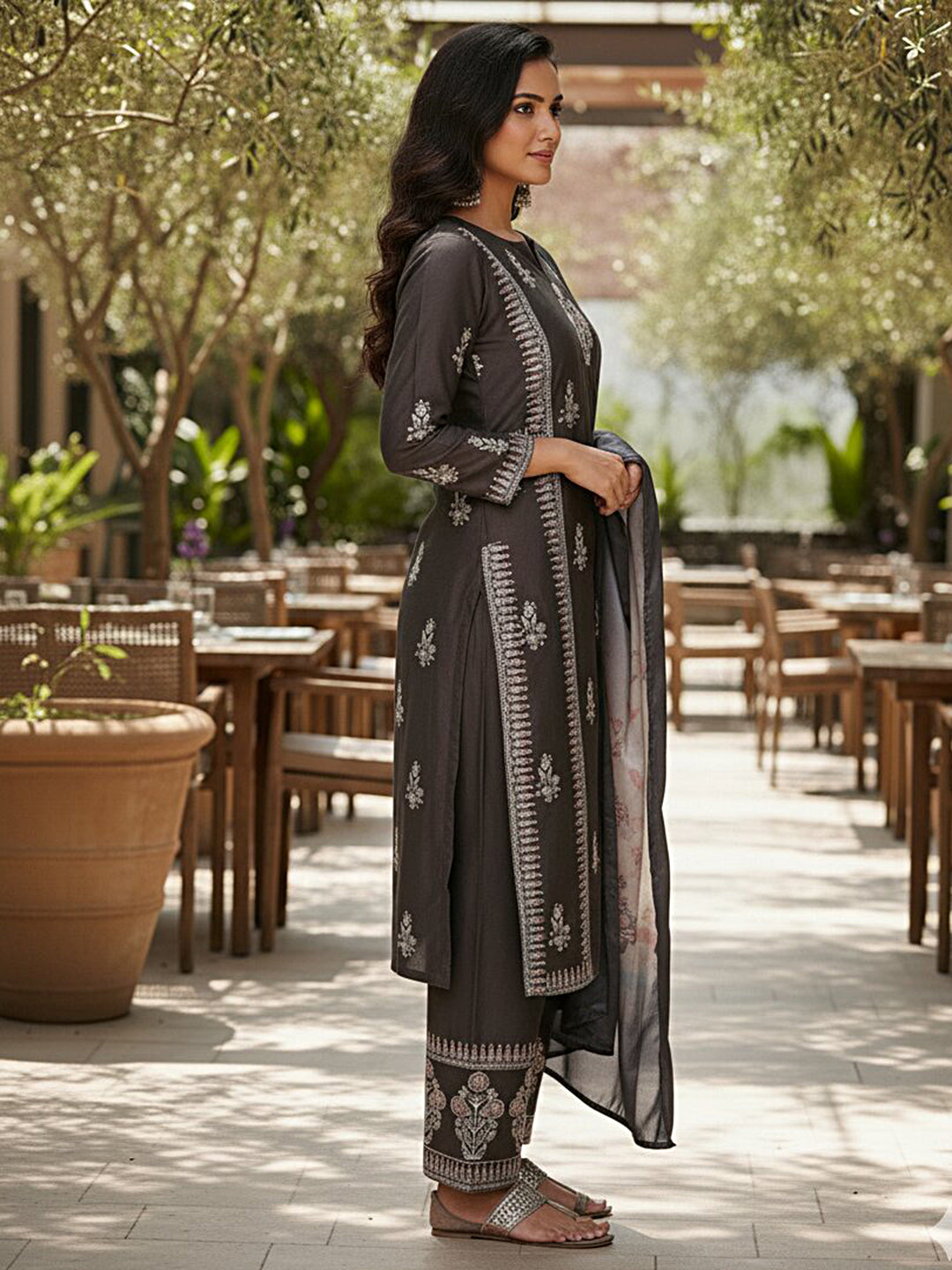 Charcoal Printed Silk Blend Straight Kurta With Dupatta