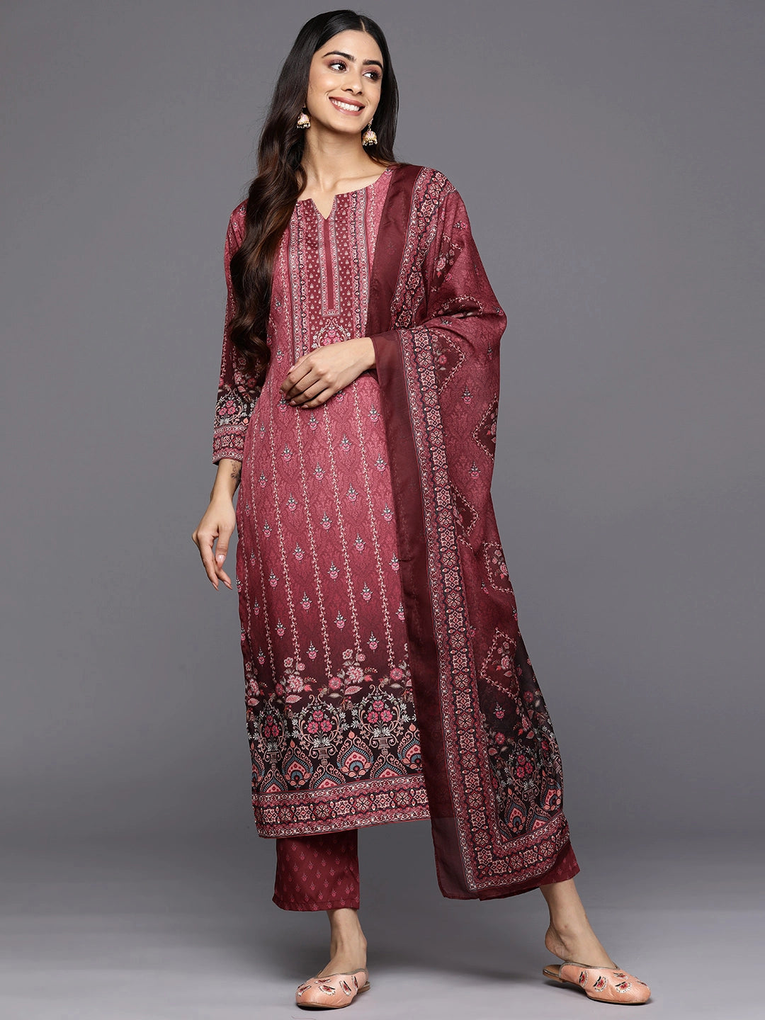  Maroon Printed Crepe Straight Kurta With Trousers & Dupatta 