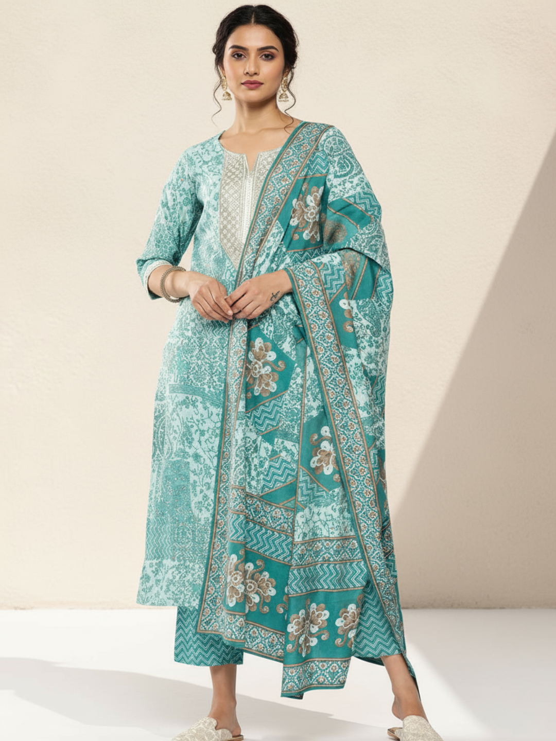 libas Blue Yoke Design Silk Blend Straight Kurta With Trousers & Dupatta-picture-10