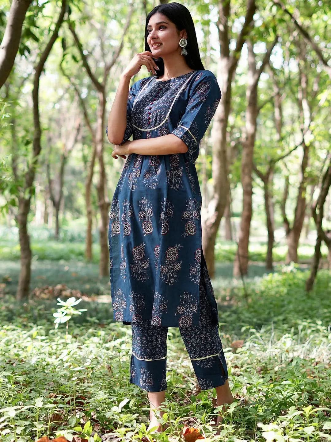 

Blue Printed Cotton Straight Kurta With Trousers
