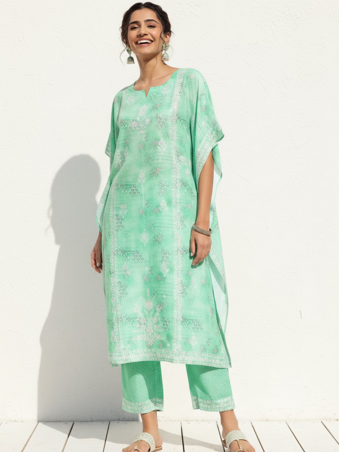Sea Green Printed Silk Blend Kaftan Kurta With Trousers