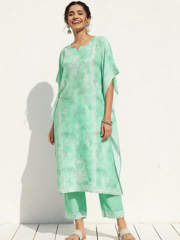 Sea Green Printed Silk Blend Kaftan Kurta With Trousers