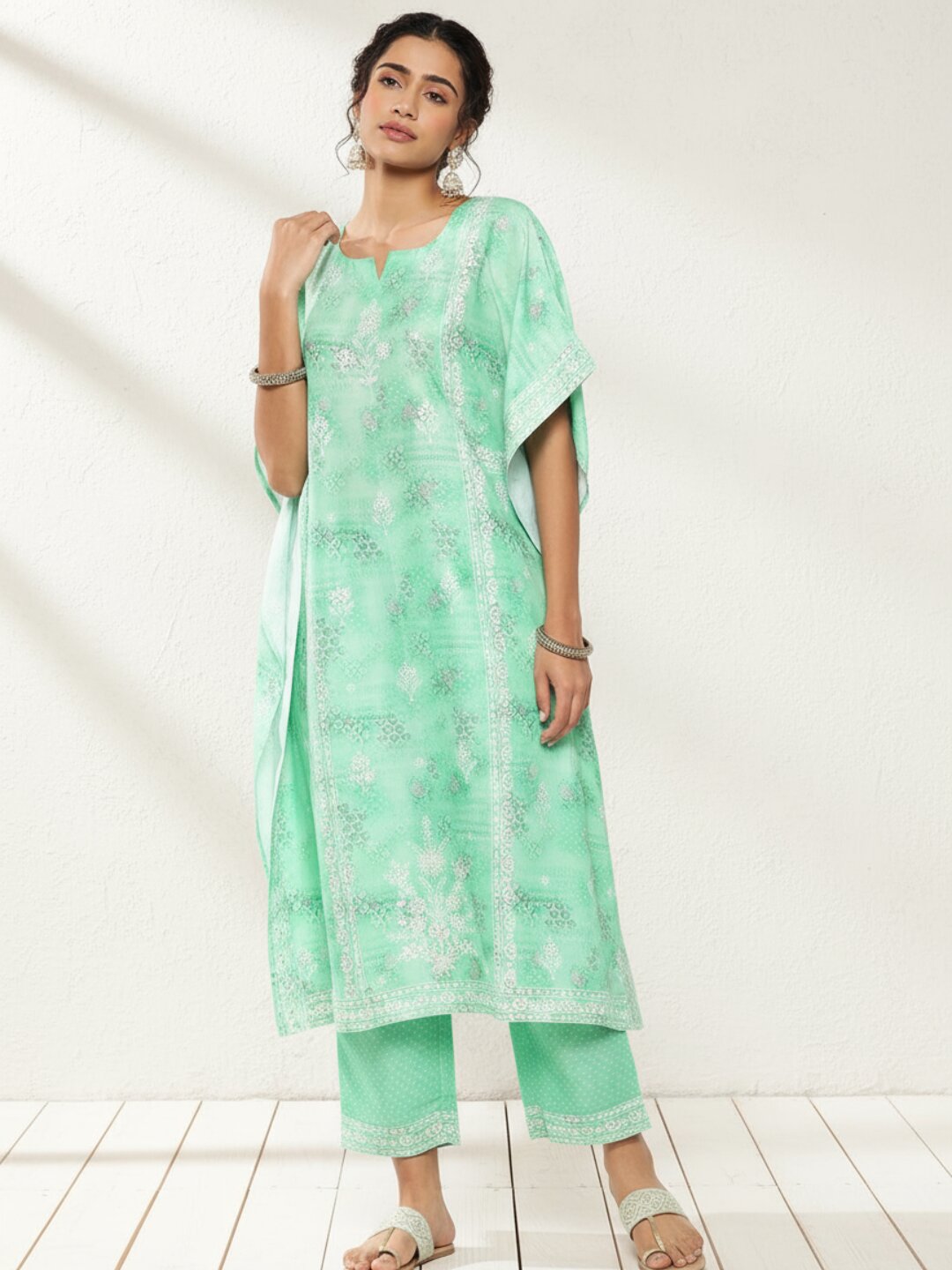  Sea Green Printed Silk Blend Kaftan Kurta With Trousers 