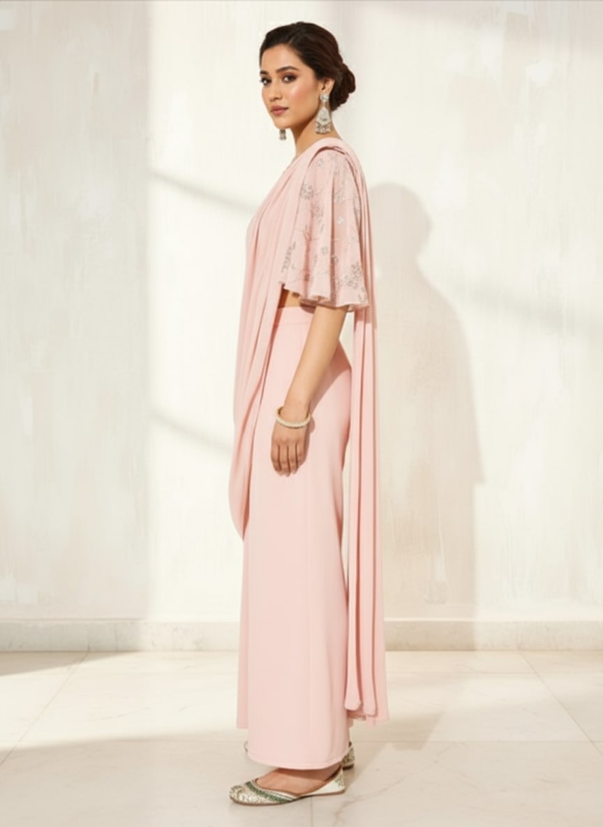 Pink Embellished Georgette Ready to Wear Saree 