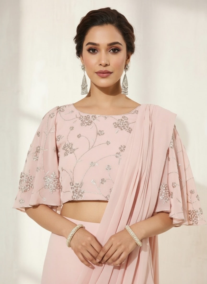  Pink Embellished Georgette Ready to Wear Saree 