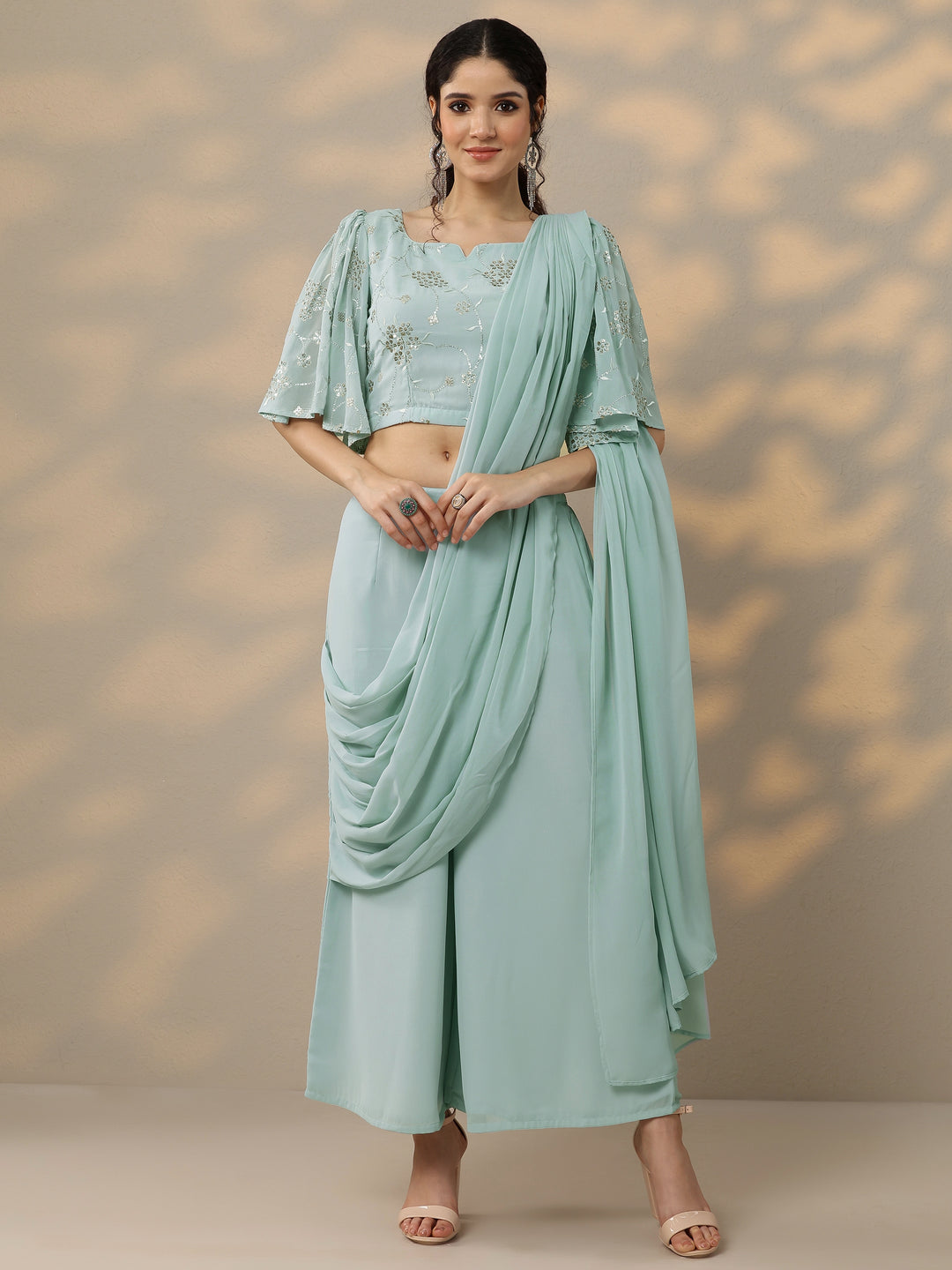  Blue Embellished Georgette Ready to Wear Saree 