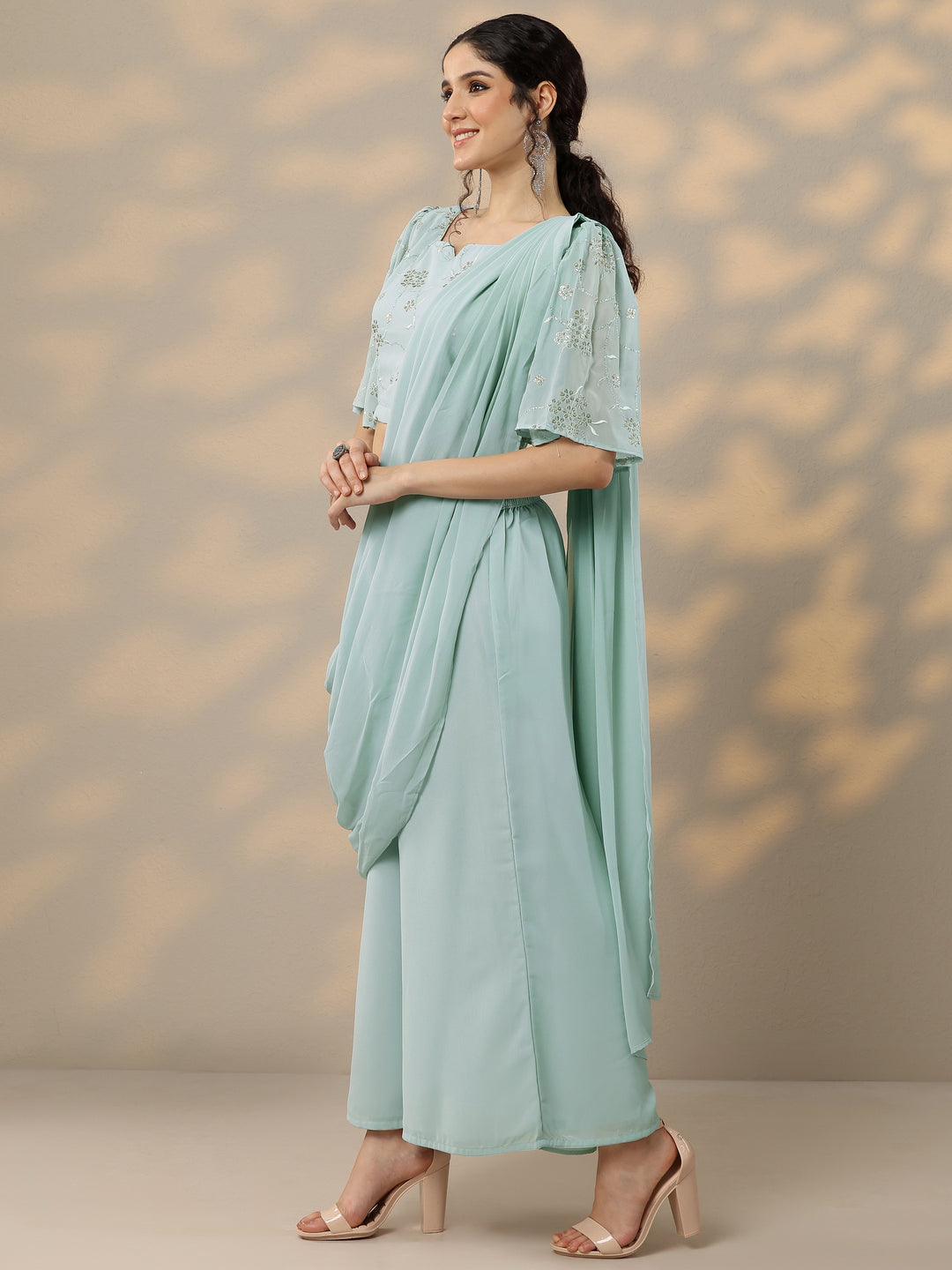  Blue Embellished Georgette Ready to Wear Saree 