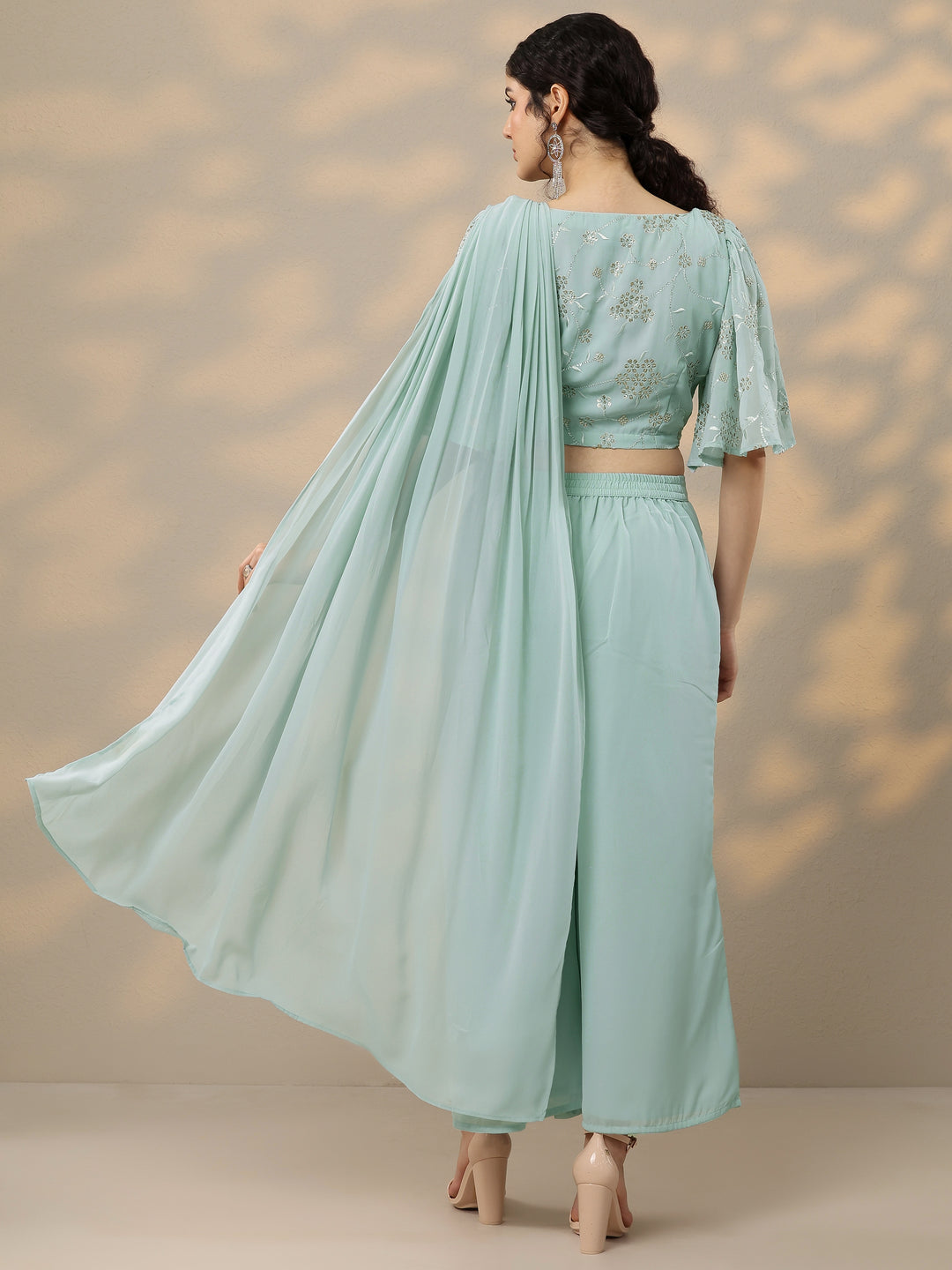  Blue Embellished Georgette Ready to Wear Saree 