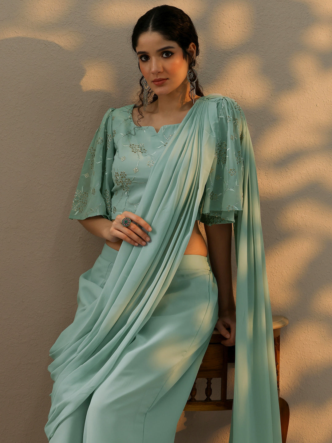  Blue Embellished Georgette Ready to Wear Saree 