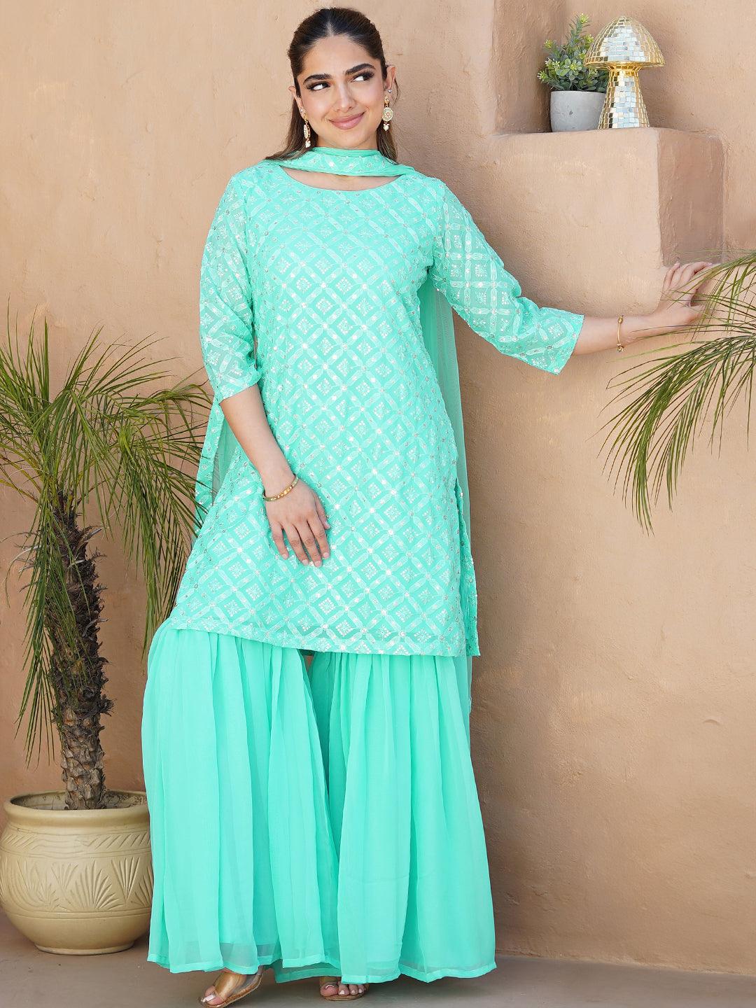 Sea Green Embroidered Georgette Straight Sharara Suit Set With Dupatta