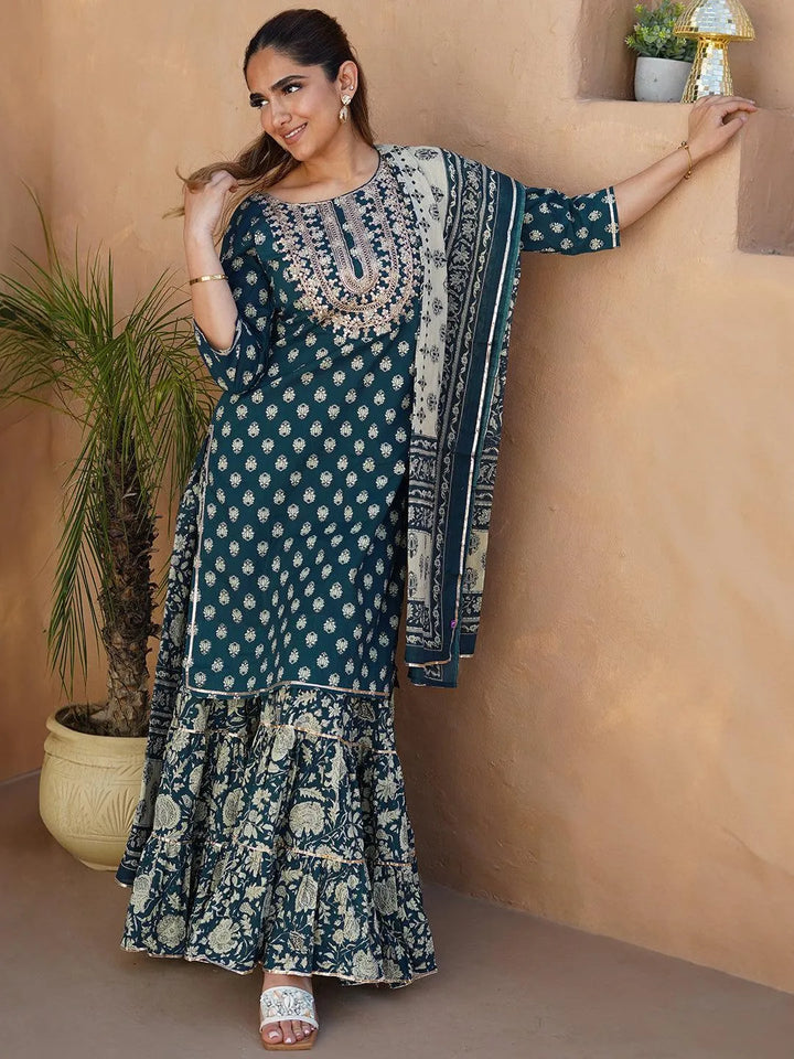 Teal Yoke Design Cotton Straight Sharara Suit Set With Dupatta - Libas