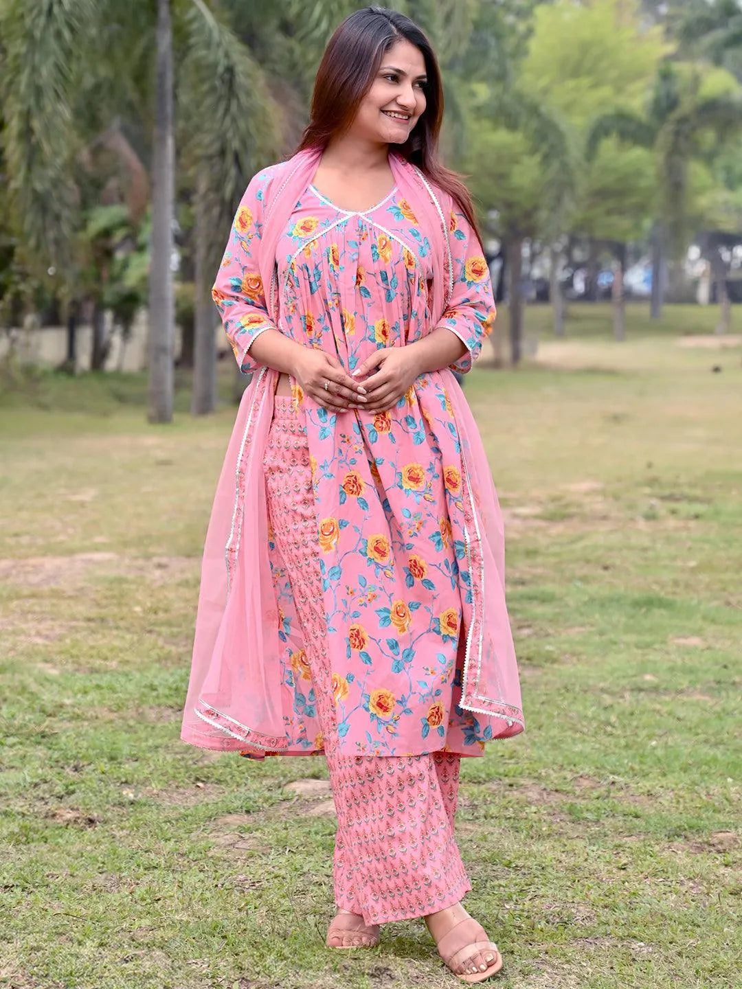 Pink Printed Cotton A-Line Kurta With Palazzos & Dupatta - Libas 