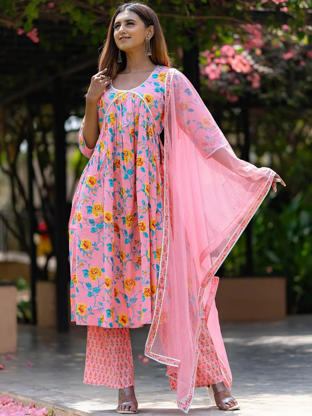 Pink Printed Cotton A-Line Kurta With Palazzos & Dupatta - Libas