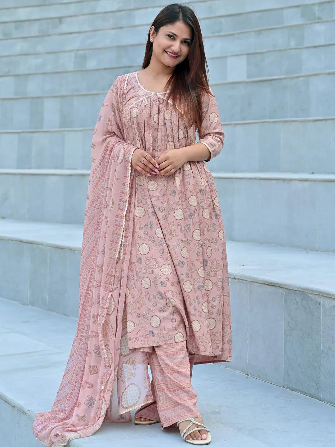 Pink Printed Silk Blend A-Line Kurta With Trousers & Dupatta - Libas