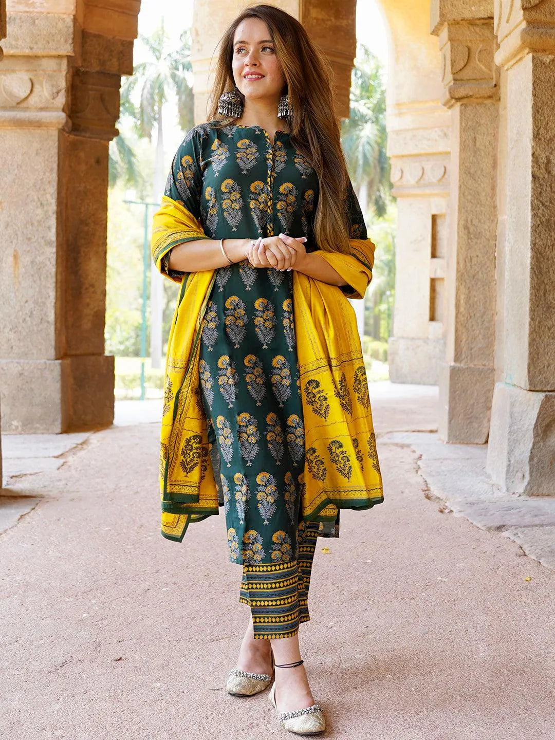 Green Printed Silk Blend Straight Suit With Dupatta - Libas