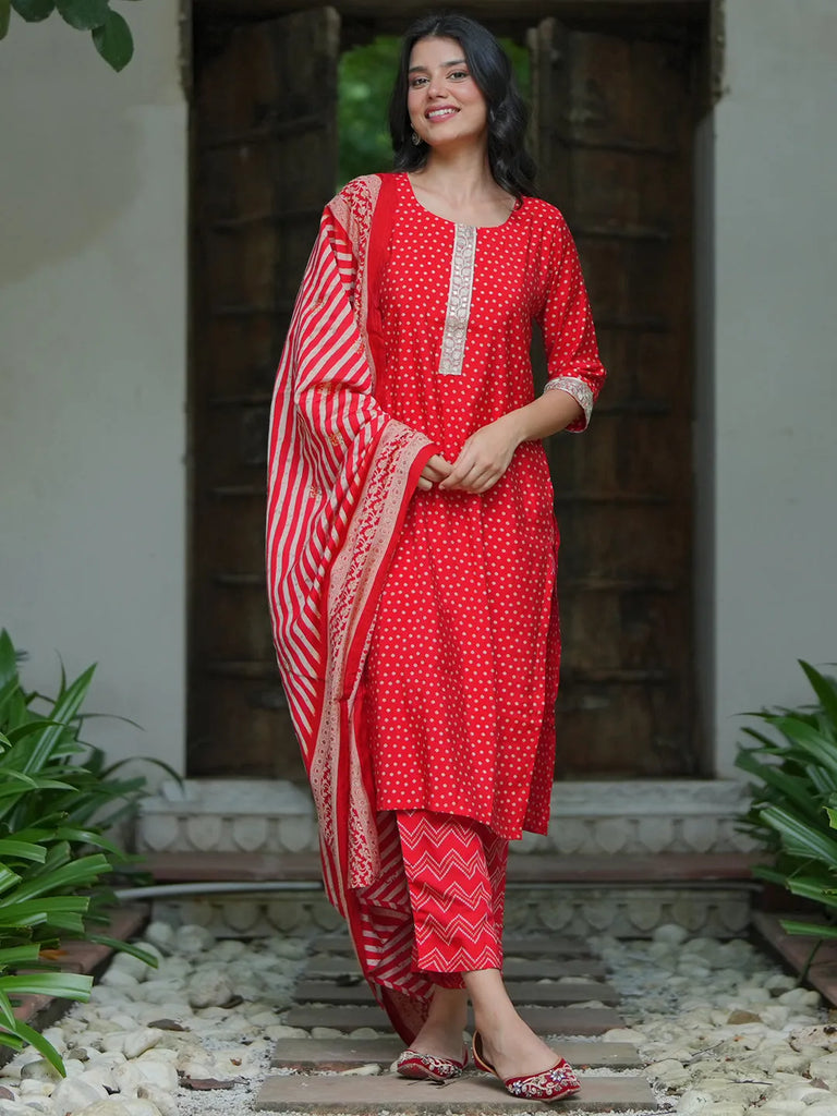 Libas Red Printed Silk Blend Straight Suit With Dupatta