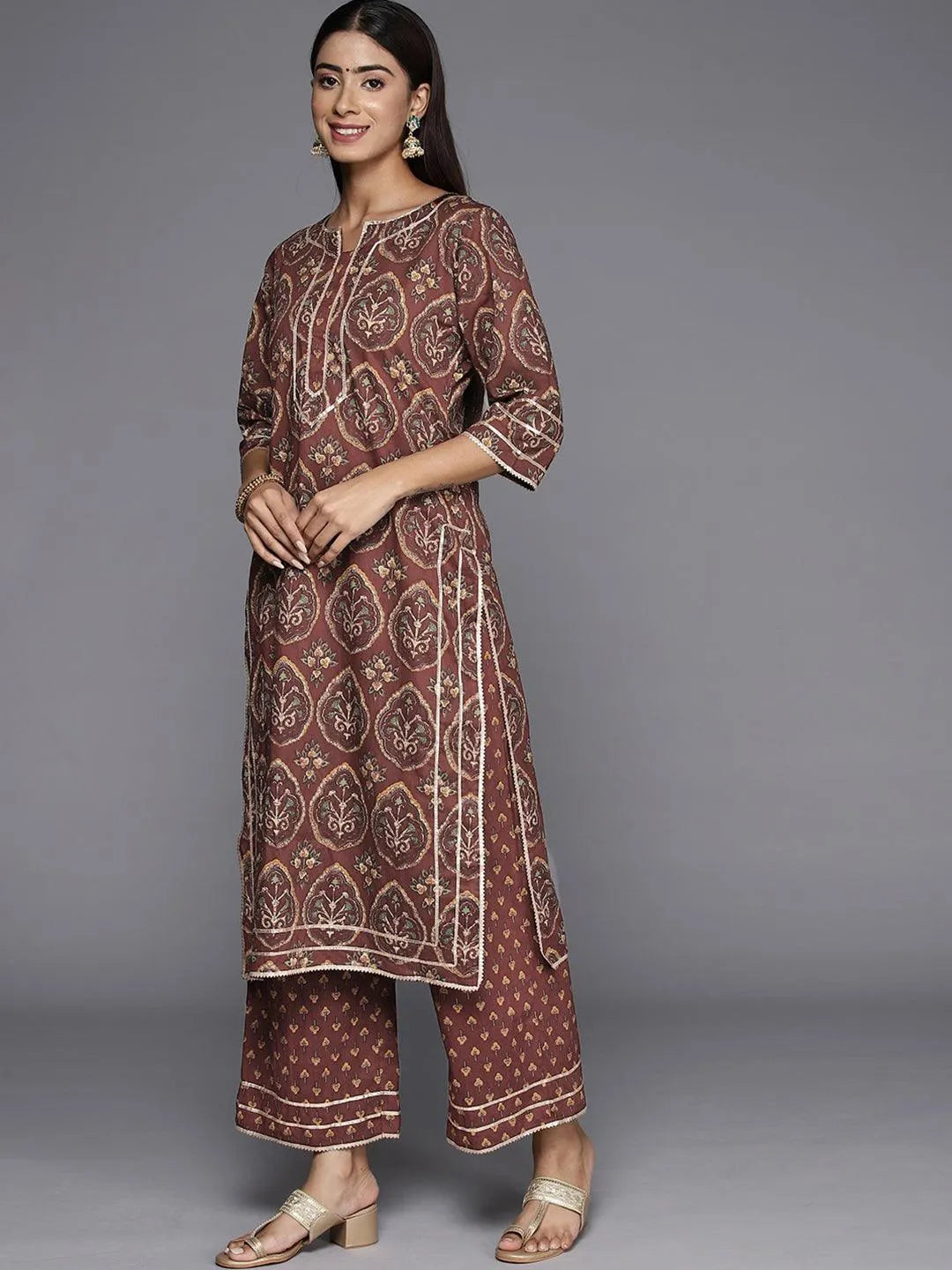 Brown Printed Cotton Straight Kurta With Trousers and Dupatta - Libas