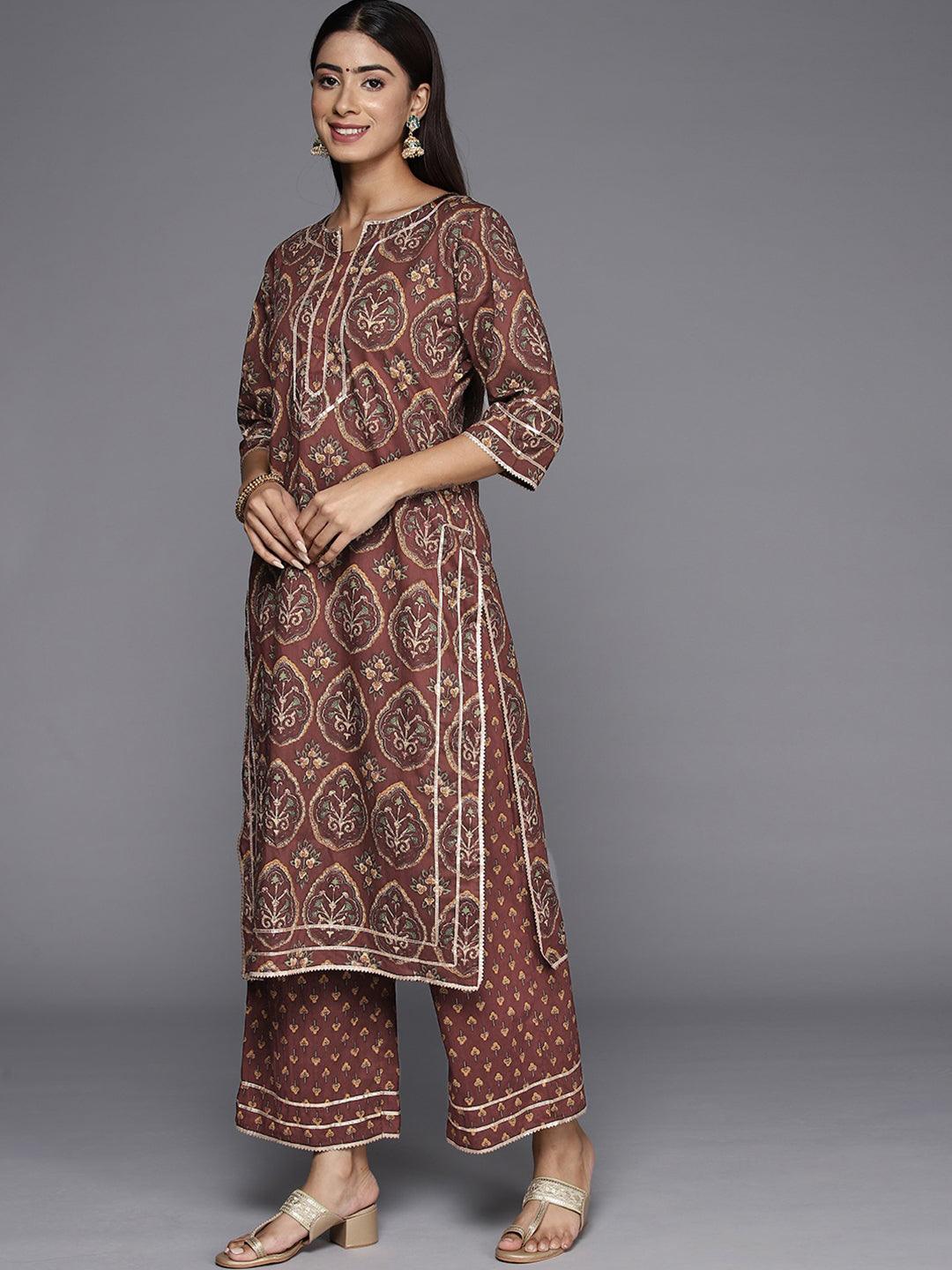 Brown Printed Cotton Straight Kurta With Trousers and Dupatta - Libas