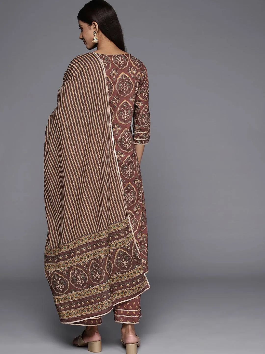 Brown Printed Cotton Straight Kurta With Trousers and Dupatta - Libas