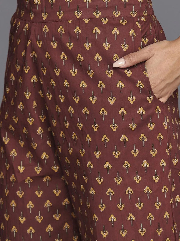 Brown Printed Cotton Straight Kurta With Trousers and Dupatta - Libas