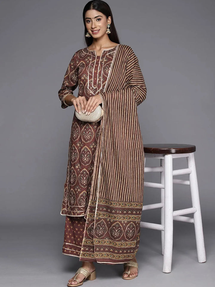 Brown Printed Cotton Straight Kurta With Trousers and Dupatta - Libas