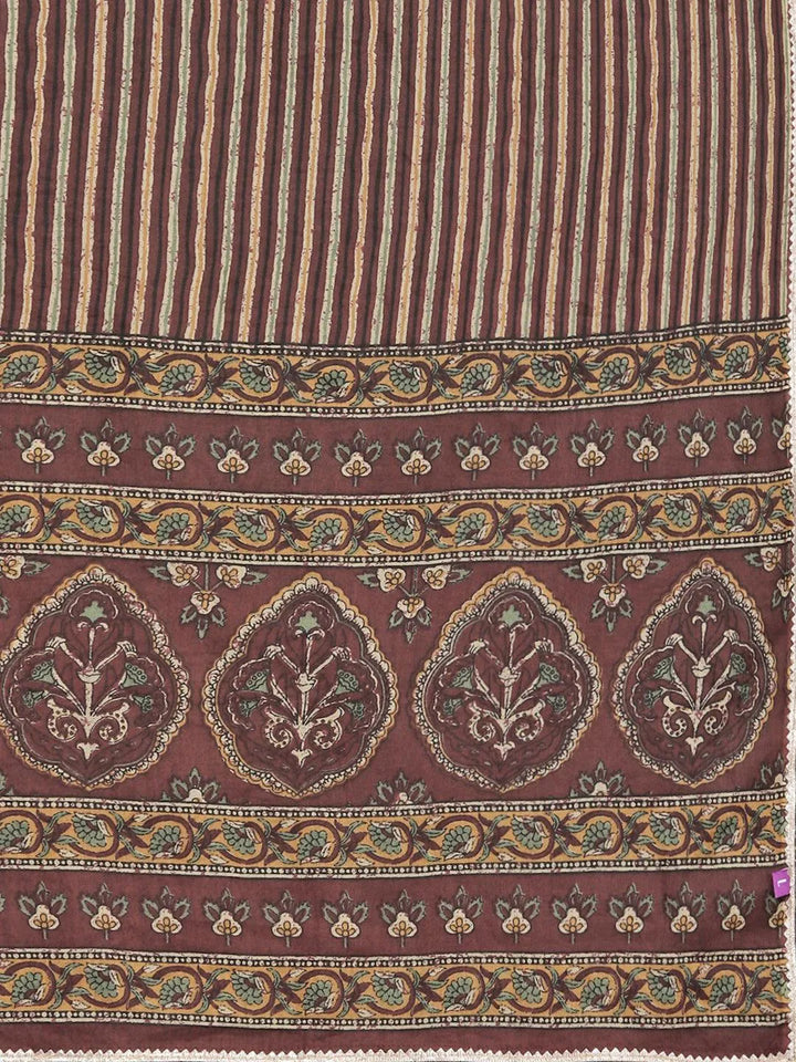 Brown Printed Cotton Straight Kurta With Trousers and Dupatta - Libas