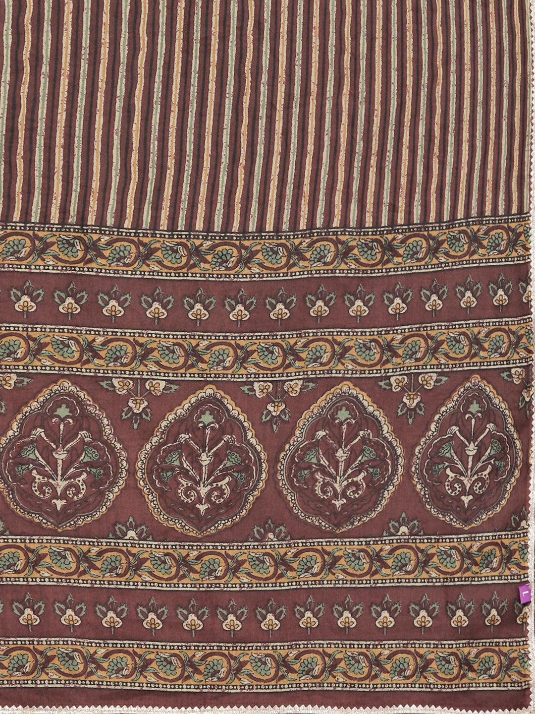 Brown Printed Cotton Straight Kurta With Trousers and Dupatta - Libas